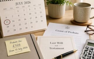 Calendar, sticker with fee and a Will document