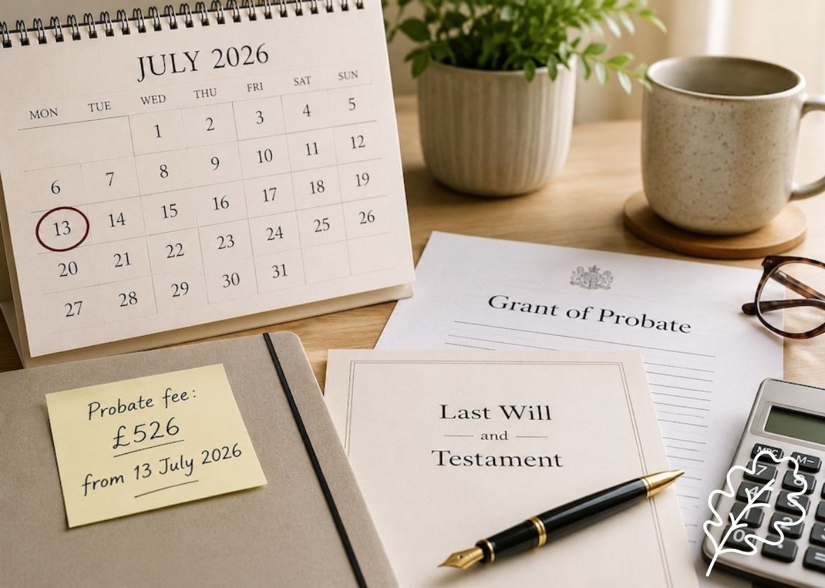 Calendar, sticker with fee and a Will document